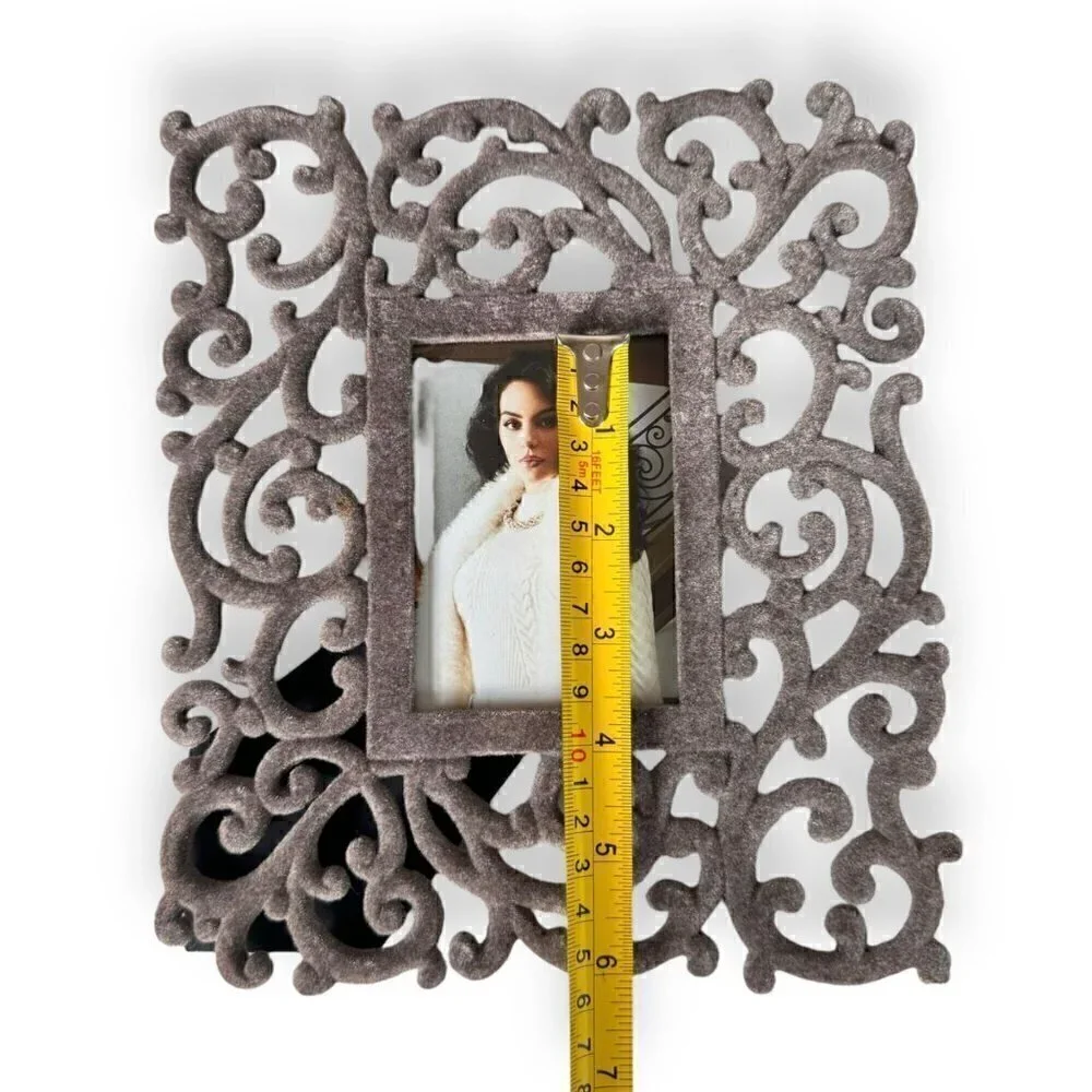 Grey Velvet Scroll Flourish Ornate Decorative Rectangular Picture Photo Frame
